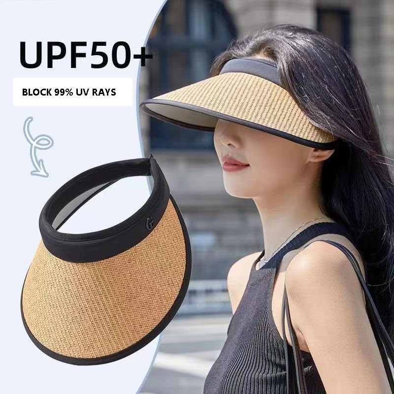 UPF 50+ Sun Visors for Women Wide Brim Beach Hat Foldable Straw Visor Hat Summer Packable - Image 9