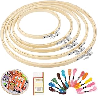 Megcdtr Bambus Stickrahmen Set, 5 Stück Kreuzstich Ringe, Runde Stickrahmen, Bambus Kreis Kreuzstich Hoop Ringe mit 1 Schachtel Nadeln + 12 Farben Stickgarn für Handnähhandwerk