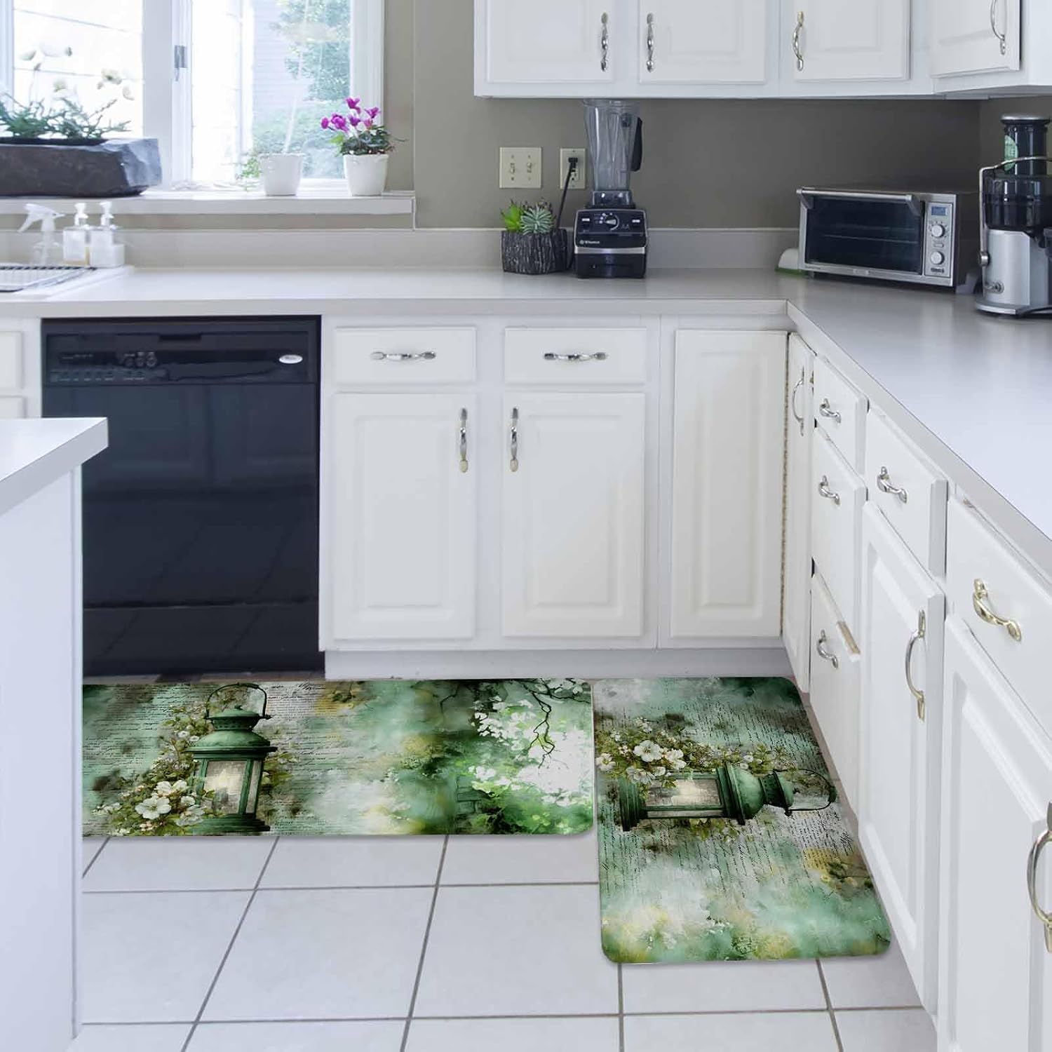 Vintage Oil Light Kitchen Rugs and Mats Set of 2, Non-Slip Kitchen Sink Mat, Spring White Flowers Green Leaves Washable Doormat Bathroom Rugs Runner for Bedroom/Living Room 17.7"x30"+17.7"x47.2"