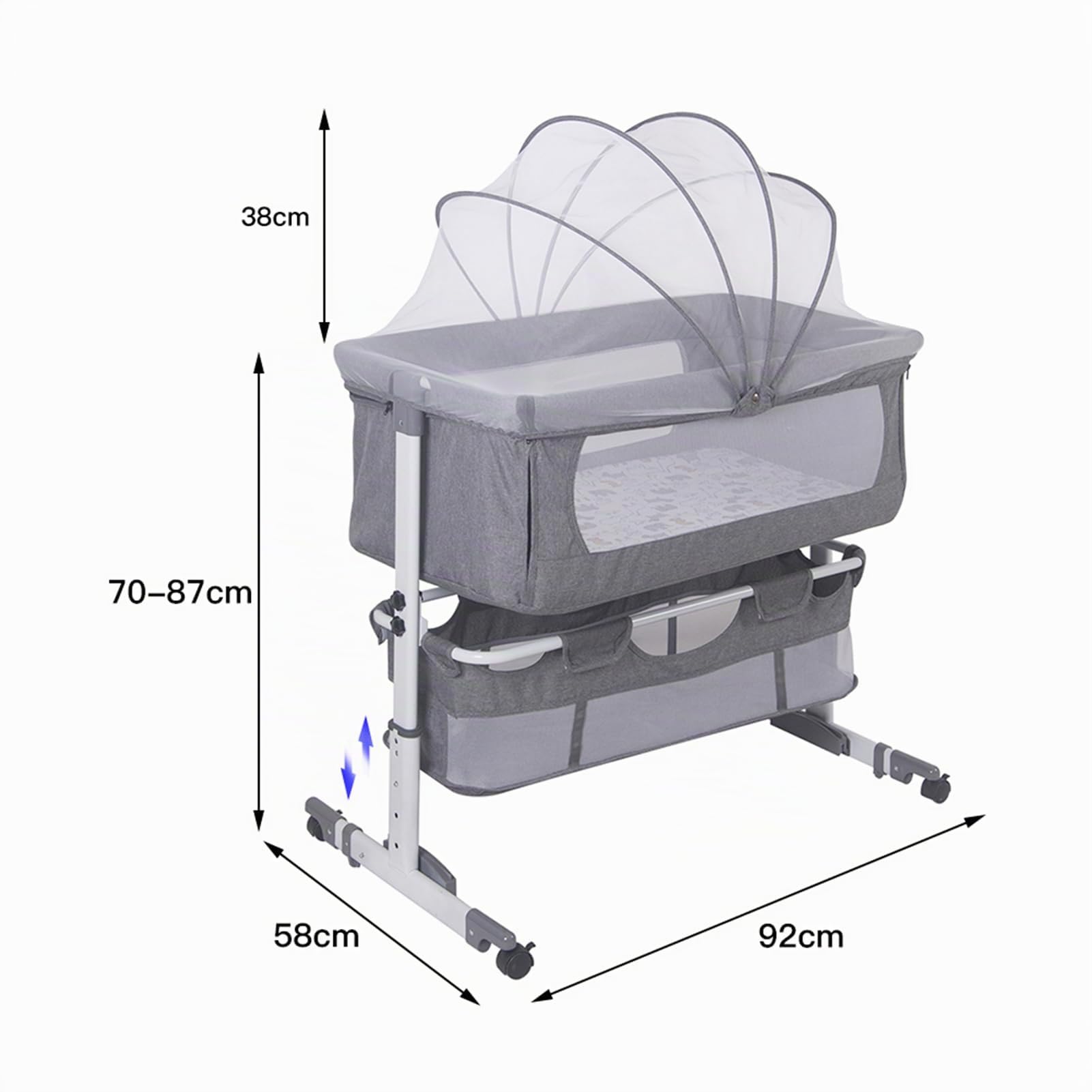 homewell Beistellbett Baby, 2 in 1 Babybett und Babywiege, Kinderbett mit Rollen, Moskitonetz, Lagerungstasche und Matratze, Höhenverstellbar Struktur aus Aluminiumlegierung (Stil 1, Grau)
