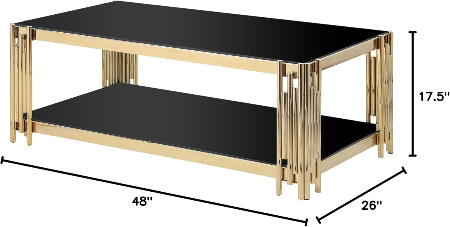 Luxrious Gold Black Coffee Table with Golden Stainless Steel Frame, Double-Layer Glass Top for Living Room, Rectangular Central Cocktail Table