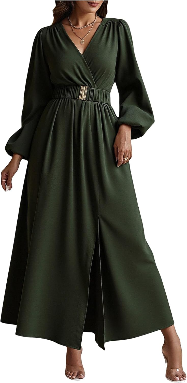 Women's Elegant Wrap V Neck Maxi Dress Lantern Long Sleeve Belted Slit A Line Wedding Guest Dresses