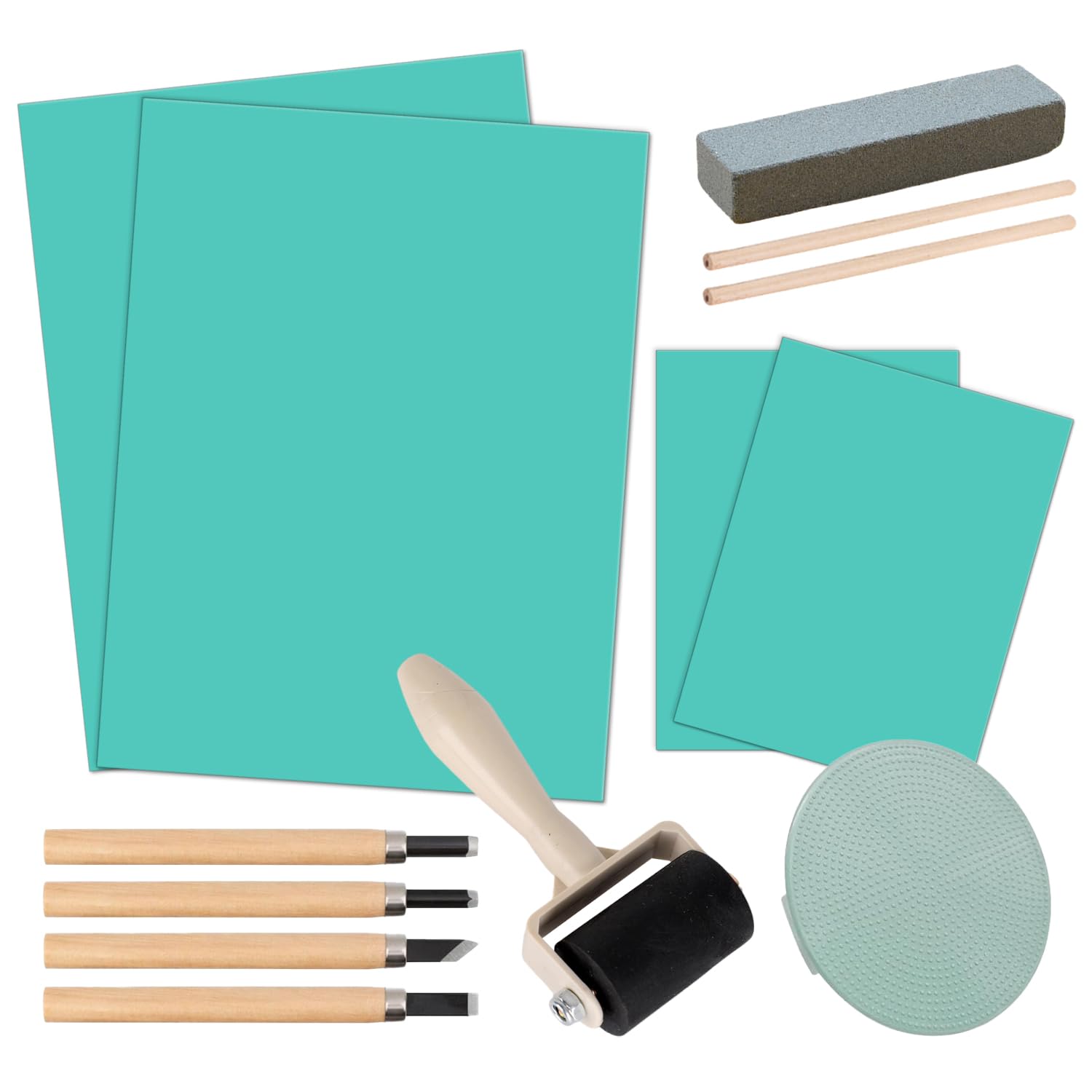 13 Pz Linoleum per Incisione A4 e A6 Gomma Eva Verde Spessore 3 mm Pannelli di Linoleum Gomma Crepla Include Coltello Intaglio Rullo Pietra per Affilare per Topografia Incisione Scrapbooking Pittura