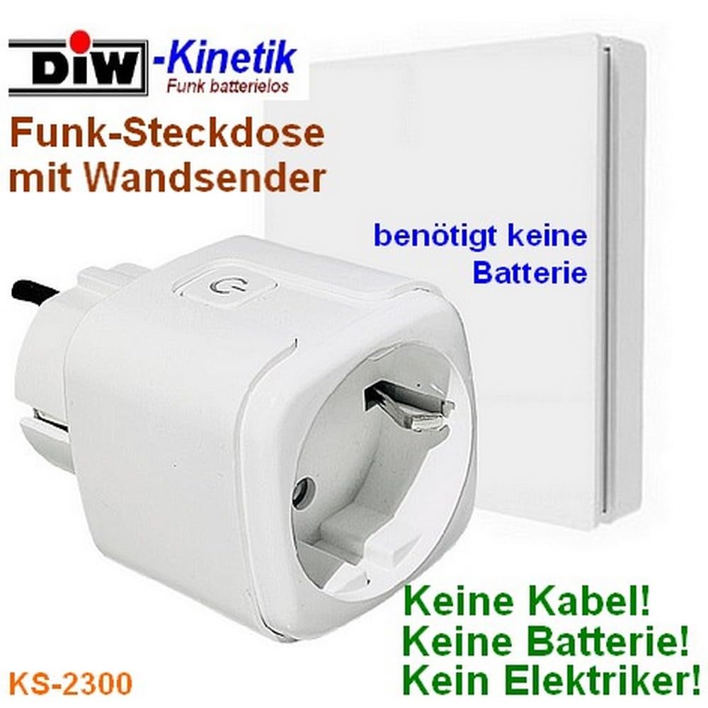 DIW-Kinetik KS-2300 Kinetisches Funk-Schaltset mit Funksteckdose und Batterielosem Wandsender, 2300 W, 433 MHz, Kabelloser Schalter für Innenräume