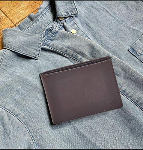 Image of Real Leather Mens Bifold Wallet RFID Blocking Slim Minimalist Front Pocket - Thin & Stylish with ID Window in Gift Box, Chocolate Nappa, 4 inch x 3.25 inch x 0.75 inch, Minimalist