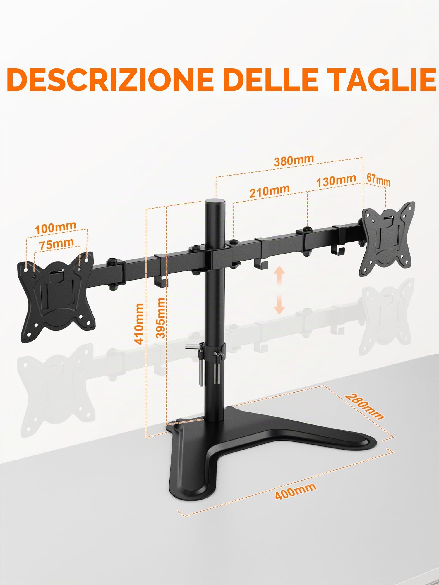 GRIFEMA Braccio Monitor Doppio per Schermi 13-32'', Supporto Doppio Monitor Altezza Regolabile, Base Allargata, Inclinazione, Girevole, Rotazione, Gestione dei Cavi, Fino a 10 kg, VESA 75/100mm