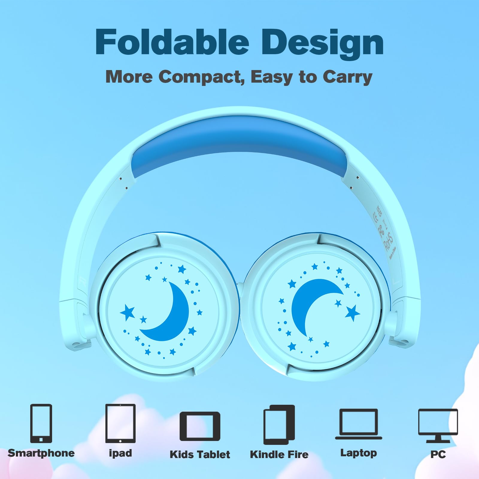 K6 - Cuffie per bambini per la scuola, limite di volume 85/94 dB, cuffie cablate per bambini, jack da 3,5 mm, pieghevoli, con microfono, cuffie per smartphone, iPad, tablet, aereo, viaggi (ciano)