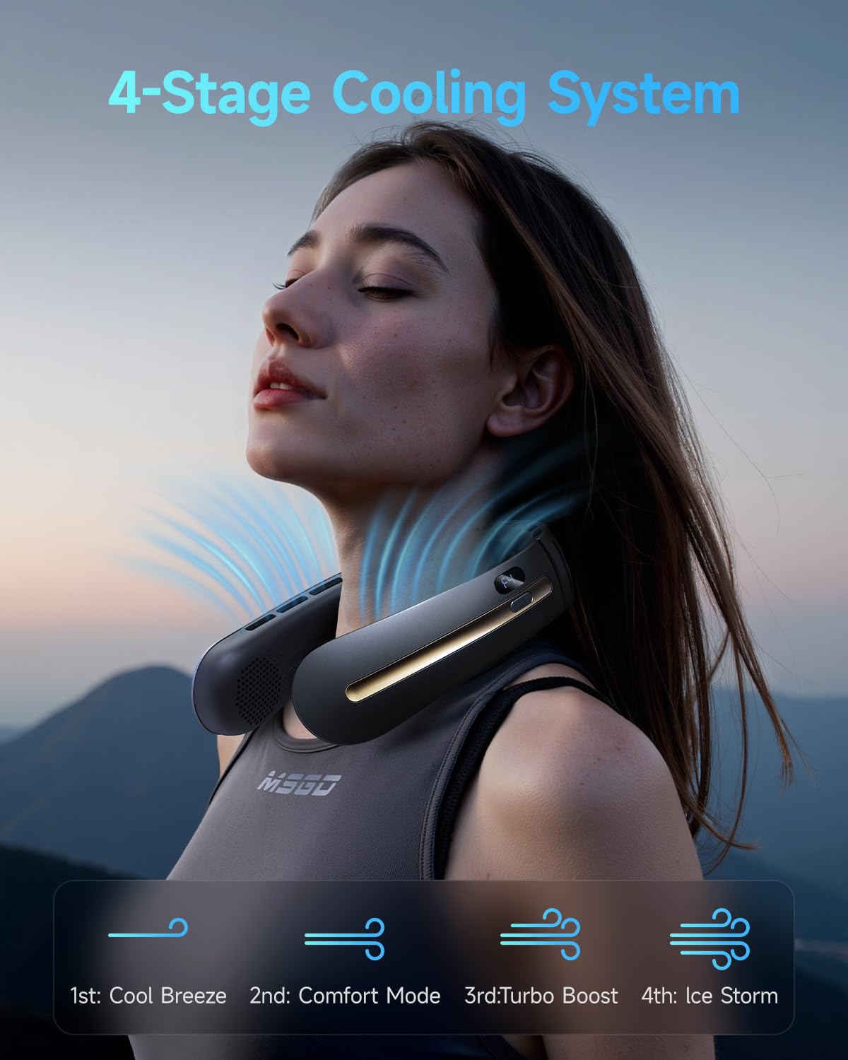 Ventilatore da collo, 3 ventole turbo portatili con supporto per il collo, 4 velocità e display LED, ventilatore personale ricaricabile da 5200 mAh, dispositivo di raffreddamento senza lama