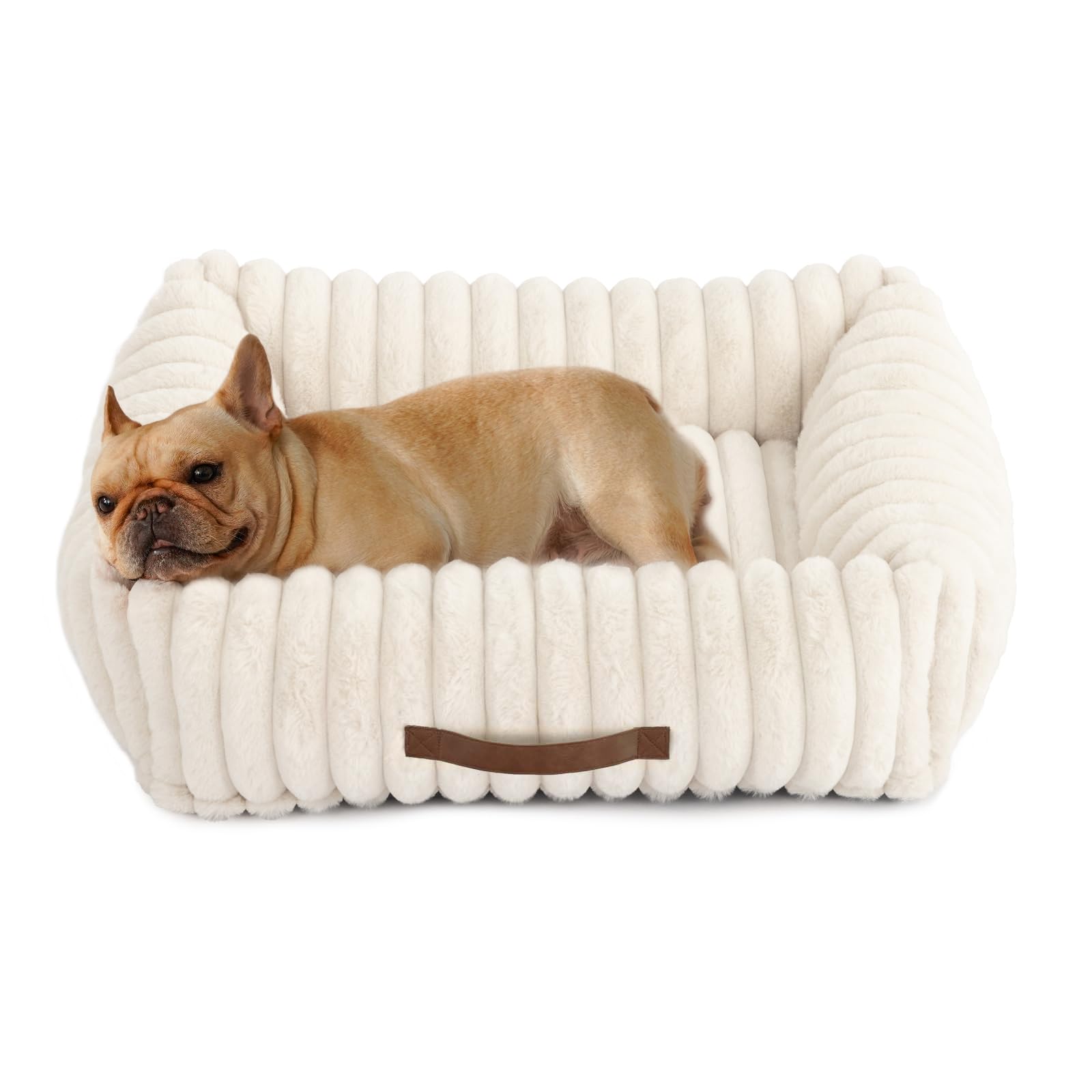Upvilla Luxusweicher Hundekorb, Katzenbett, Super Weiches Hundebett kleine Hunde, 4-seitiges Nackenkissen, Abnehmbare Waschbare Hundematte, Hundesofa mit Griffen, Haustierbett (Beige, 64 * 53 * 18cm)