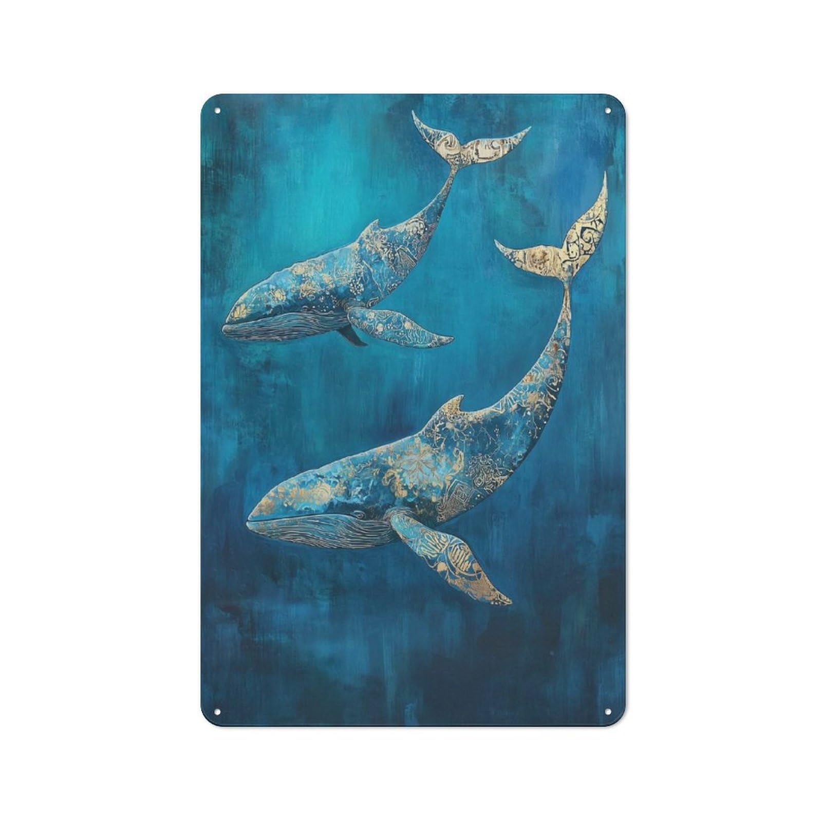 Junmoney Majestic Whales Of Gold - Two Whales In Blue Rustic Metal Wall Sign 30X20cm For Café Or Restaurant, Gift Idea At Christmas For Café Owners And Decorators