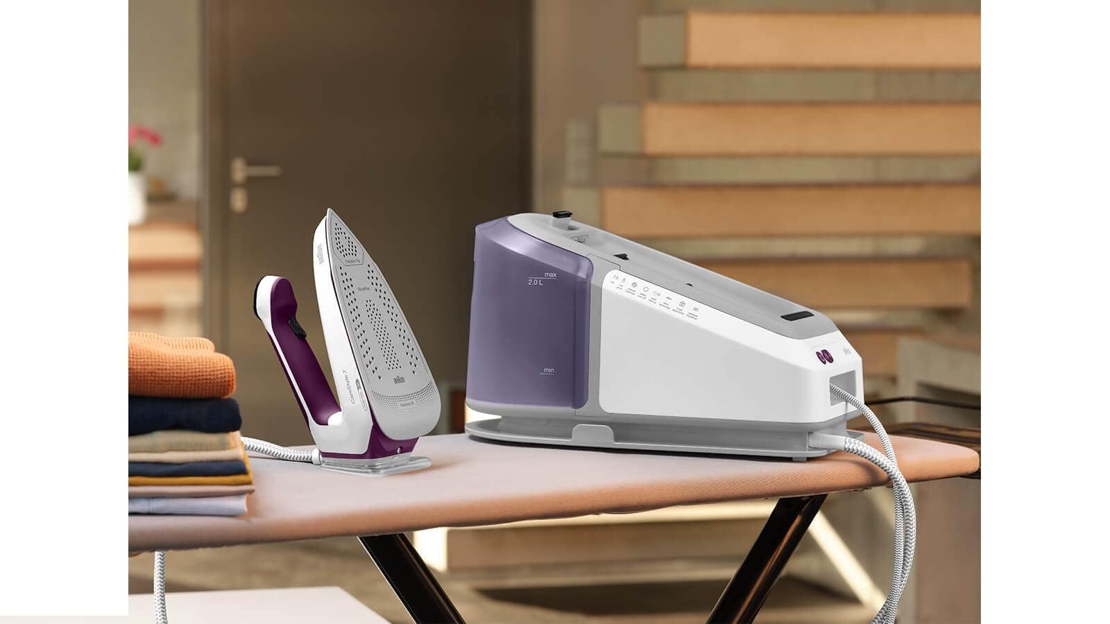 Braun CareStyle 7 Pro IS 7266 VI stacja parowa, FreeGlide 3D, funkcja iCare, iMode i pionowej pary, FastClean, uderzenie pary 550 g/min, zdejmowany zbiornik na wodę 2 l, 2700 W, biało-fioletowa