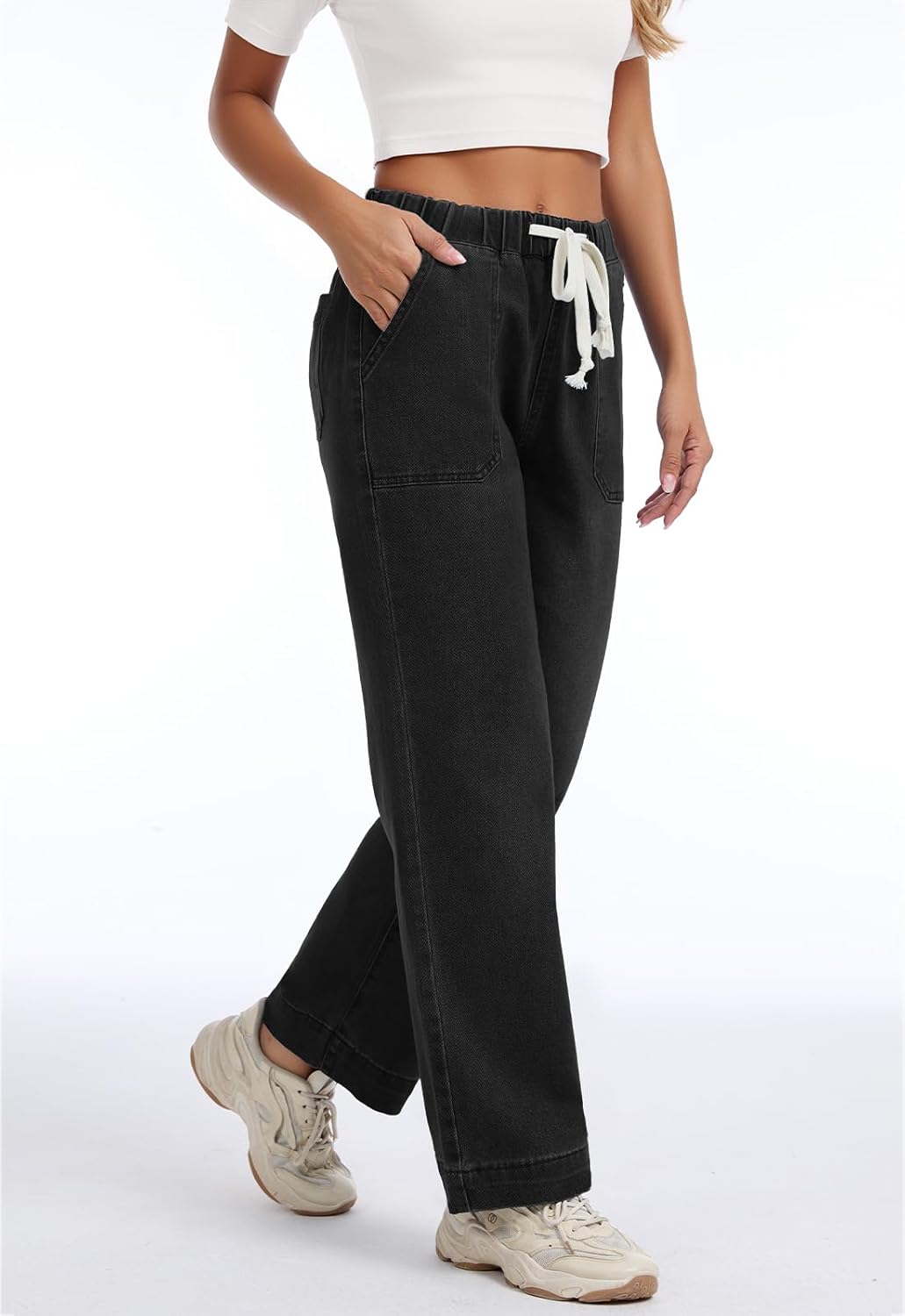 Metietila Pull-on Jeans for Women Straight Leg Elastic Waist Jeans Stretchy Loose High Waisted Denim Pants with Drawstring - Image 2