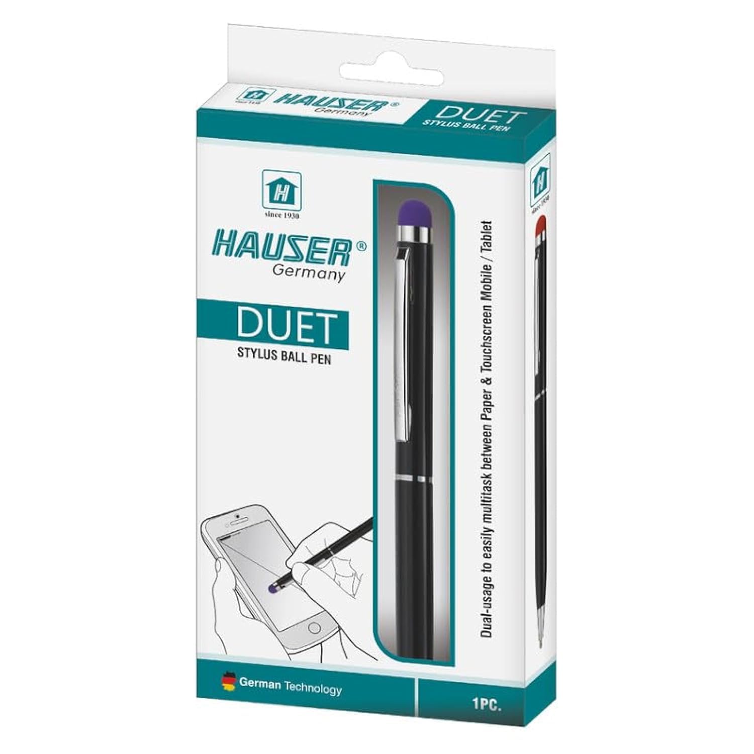 Hauser Duet Stylus Metal Body Ball Pen Box Pack|2 In 1 Multi-Function Soft Touch Pen|Twist Mechanism,Multitask Between Paper & Touch Screen|Compatible With All Touch Screens|Blue Ink,Set Of 1