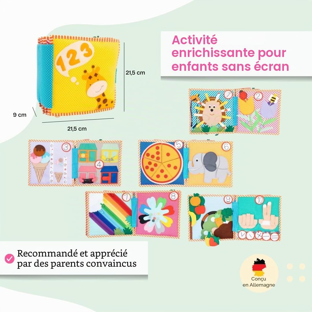 Jolly Designs 1, 2, 3 - 10 pages Premium - Quiet Book - Jouet Montessori à partir de 3 ans - Favorise la motricité et les capteurs - Livre de feutre fait à la main - Jouet éducatif pour les