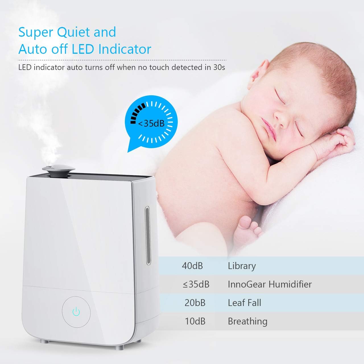 InnoGear Cool Mist Humidifier, 4L Touch Control Ultrasonic Humidifiers 360° Rotatable Nozzle and 3 Mist Level Low/ Medium/ High 13-40 Hrs Waterless Auto Shut-off Whisper Quiet for Home Baby Nursery
