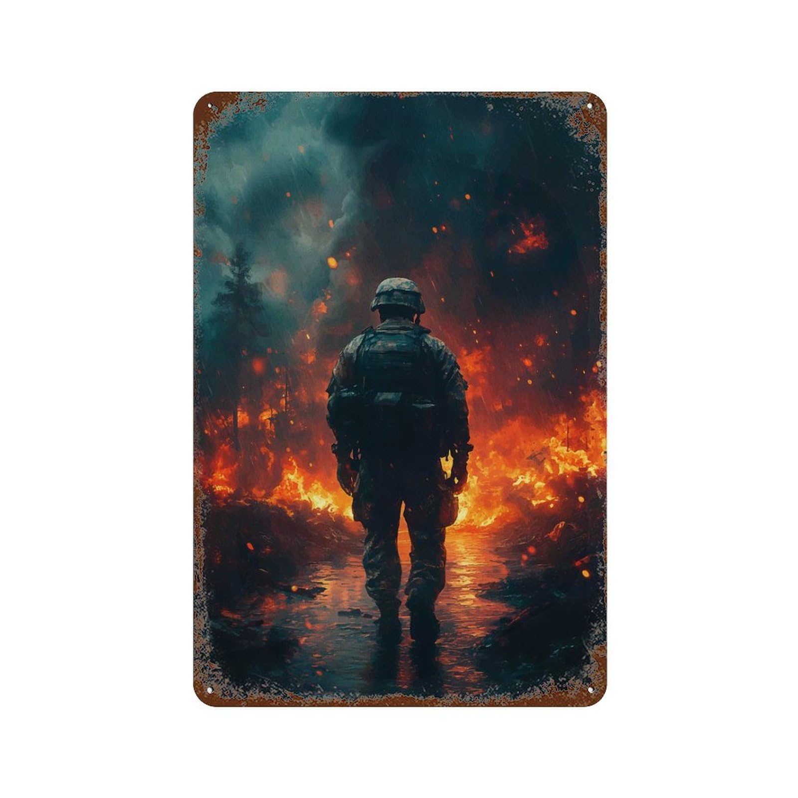 Garage Style Soldier in Firestorm Aged Metal Wall Plaque 11.8"x7.9", Industrial Home Decor for Bar And Workshop