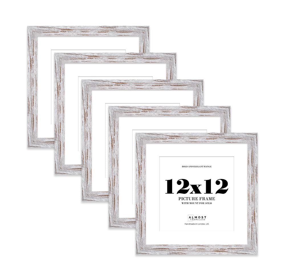 12x12" Distressed Wood Square Frame With Mount for 10x10" Pictures 28mm Edge Frame Display with Wall Hooks and Kickstand, 5 Pack