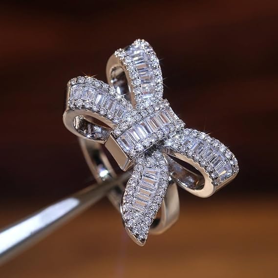 925 Sterling Silver Shiny Full Diamond Gemstone Ring 18k Gold Bow Cocktail Ring Cubic Zirconia Promise Rings CZ Diamond Butterfly Ring Eternity Engagement Wedding Band Ring for Women Z.59 (US Code 6)