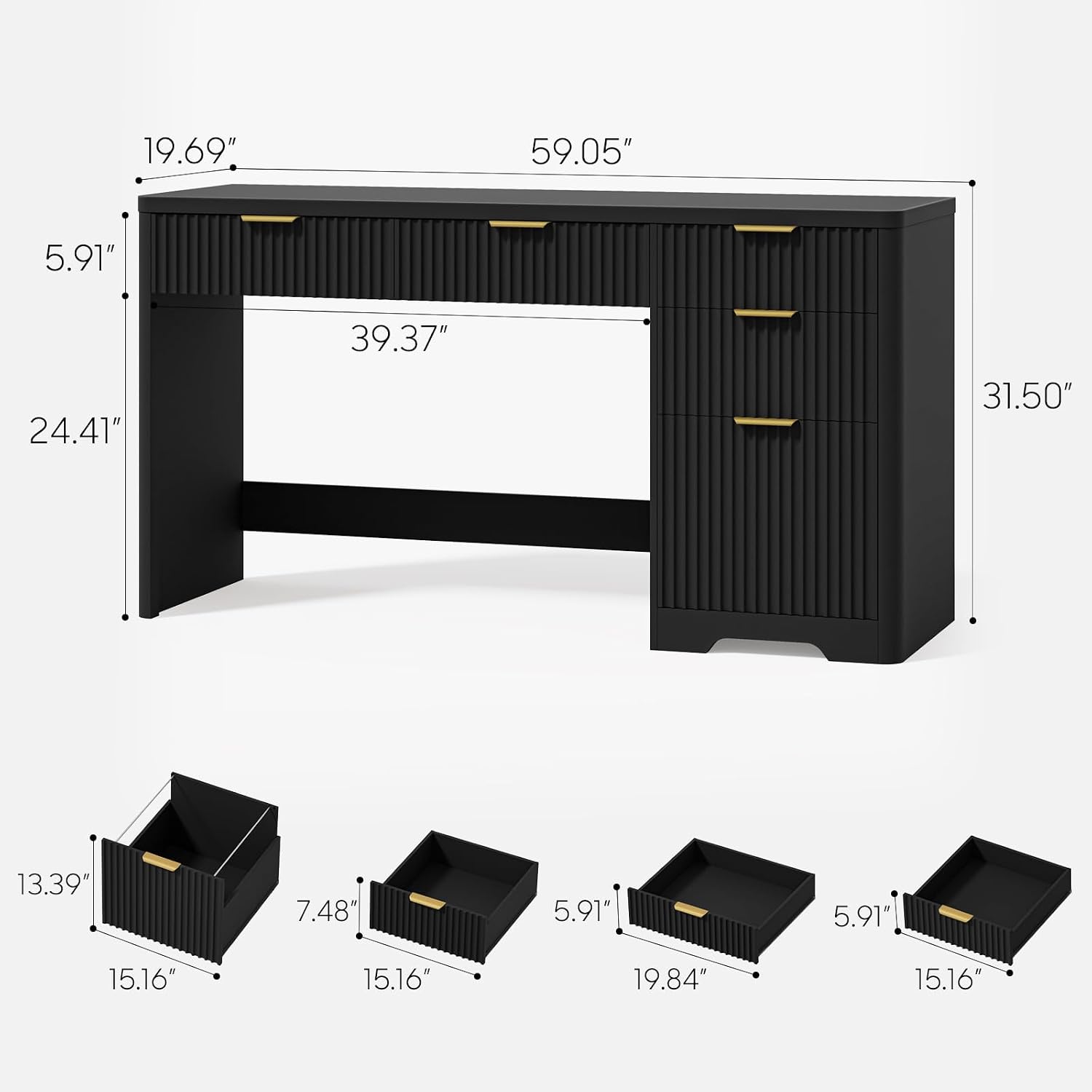 Vabches 59" Fluted Executive Desk with Adjustable File Drawer, Workstation Computer Desk with 4 Storage Drawers, for Home Office, Study, Writing.Pure Black
