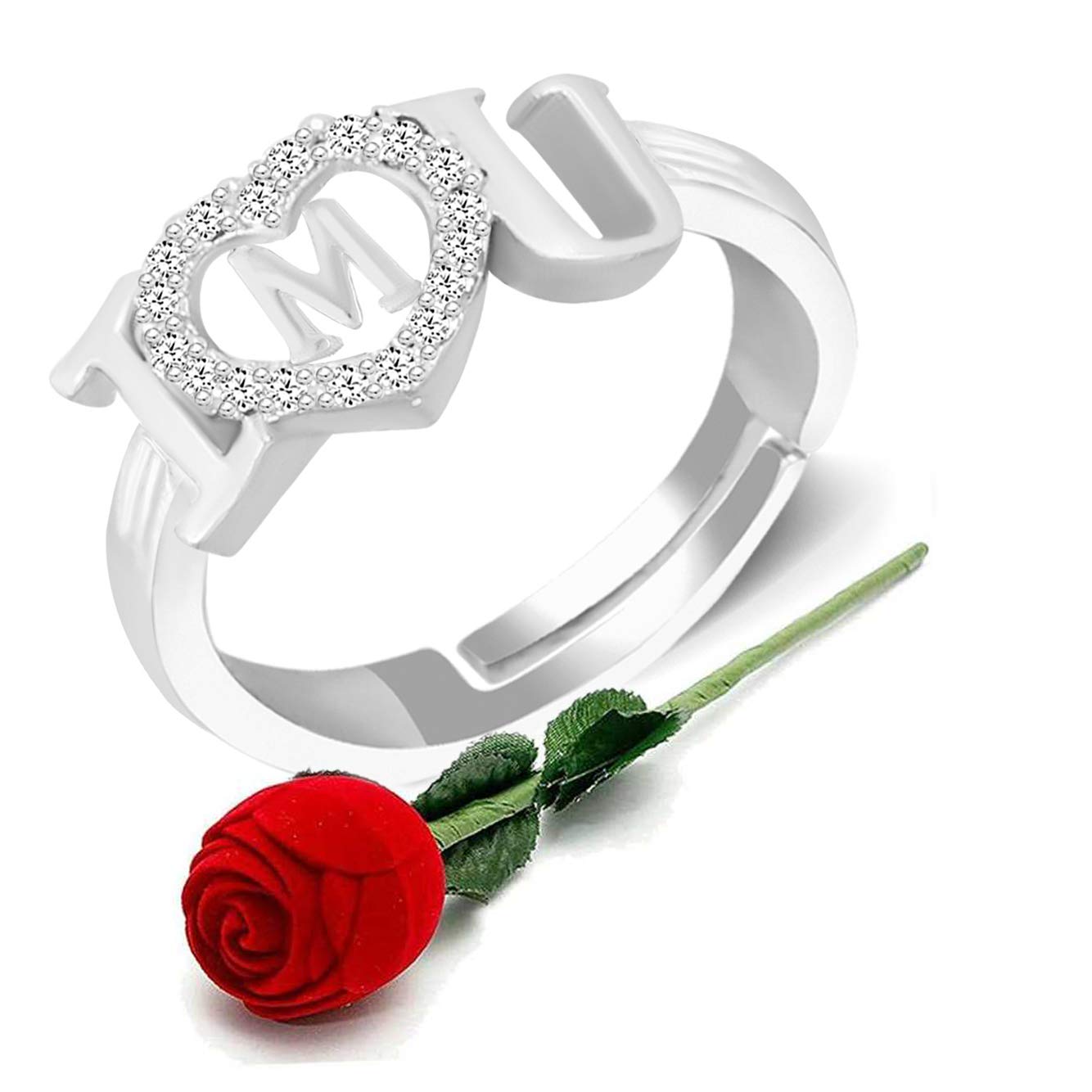 MEENAZ CZ Valentine American diamond Adjustable I Love You Heart Sillver Initial Letter Name Alphabet M Finger Rings for women girls girlfriend couples lovers Stylish Design Red RING ROSE BOX SET-M138 (B08TWW7NW3) Amazon Price History, Amazon Price Tracker