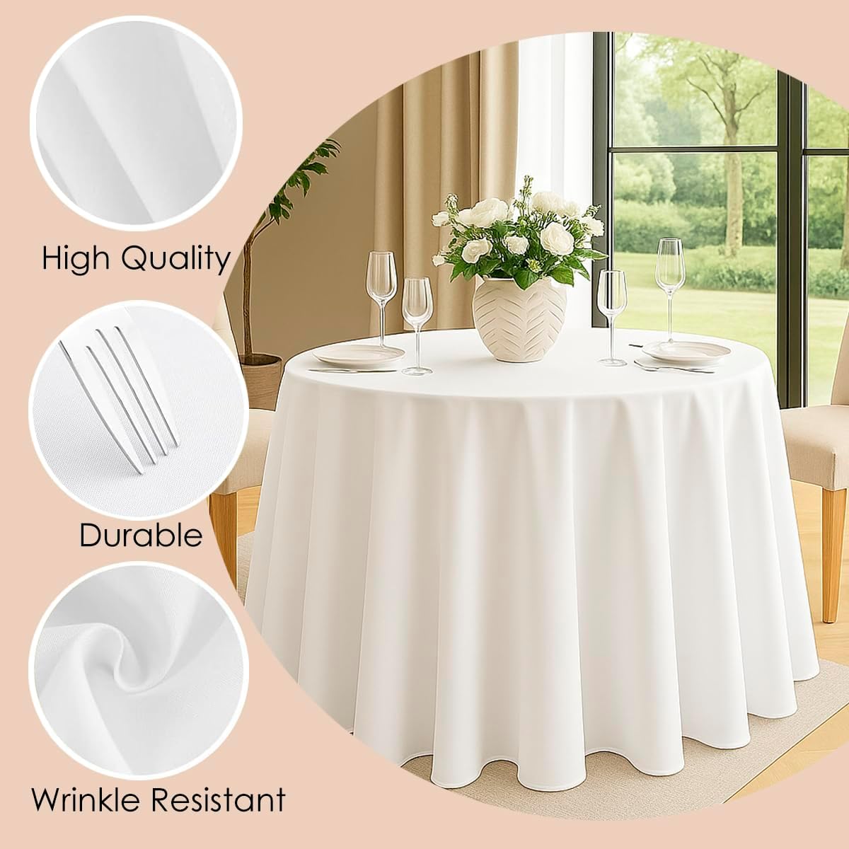 Craft And Party 10 Pack 120 Inch White Round Tablecloth, Polyester Fabric Washable Table Cloth for Home, Party, Wedding or Restaurant Use.