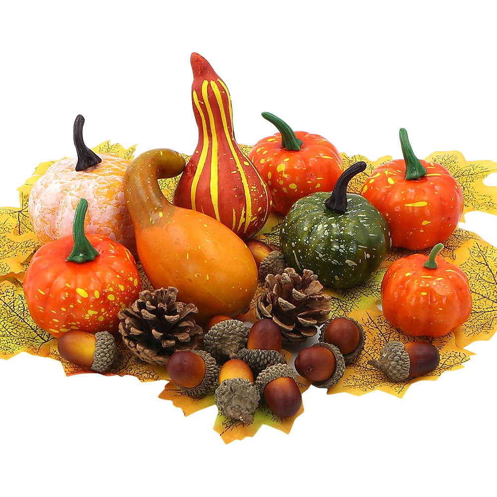 Apol50 PCS Assorted Fall Decoration Set,Mini rtificial Pumpkins Gourd Maple Leave Pine Cones Acorns Faux Pumpkin for Autumn Fall Harvest Thanksgiving Halloween Party Decorations Photography Props
