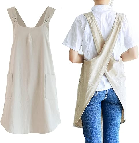 Delantal de lino de algodón con espalda cruzada con bolsillos para mujeres, damas y hombres, cocinero, cocina, horneado