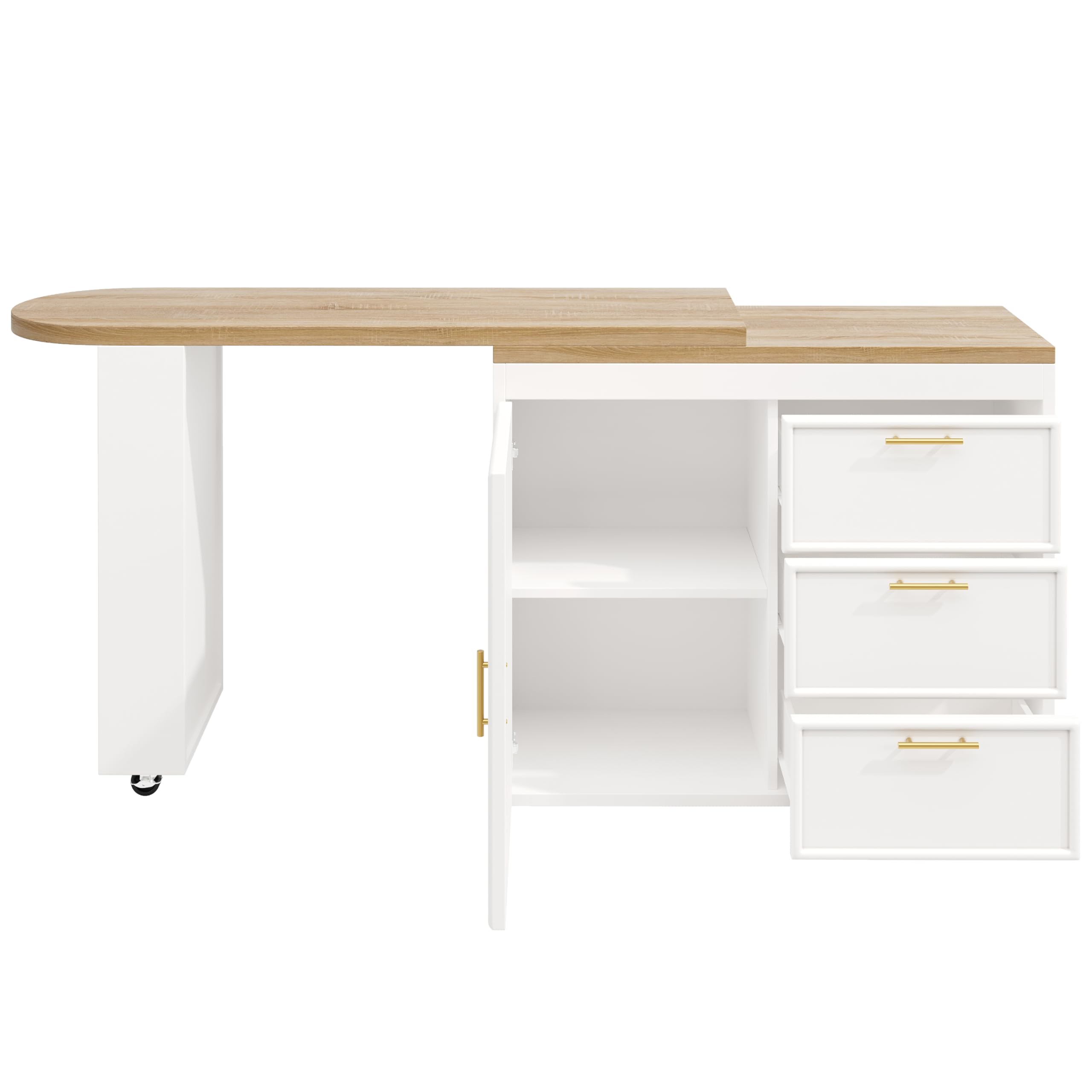 Mesa de Bar Extensible Gira 360° con 2 Ruedas y 3 Cajones, Barra Cocina Isla Cocina con 1 Puerta y Estante Ajustable, Compartimento Lateral y Dispositivo Antivuelco, 128-203x39x90 cm, Blanco
