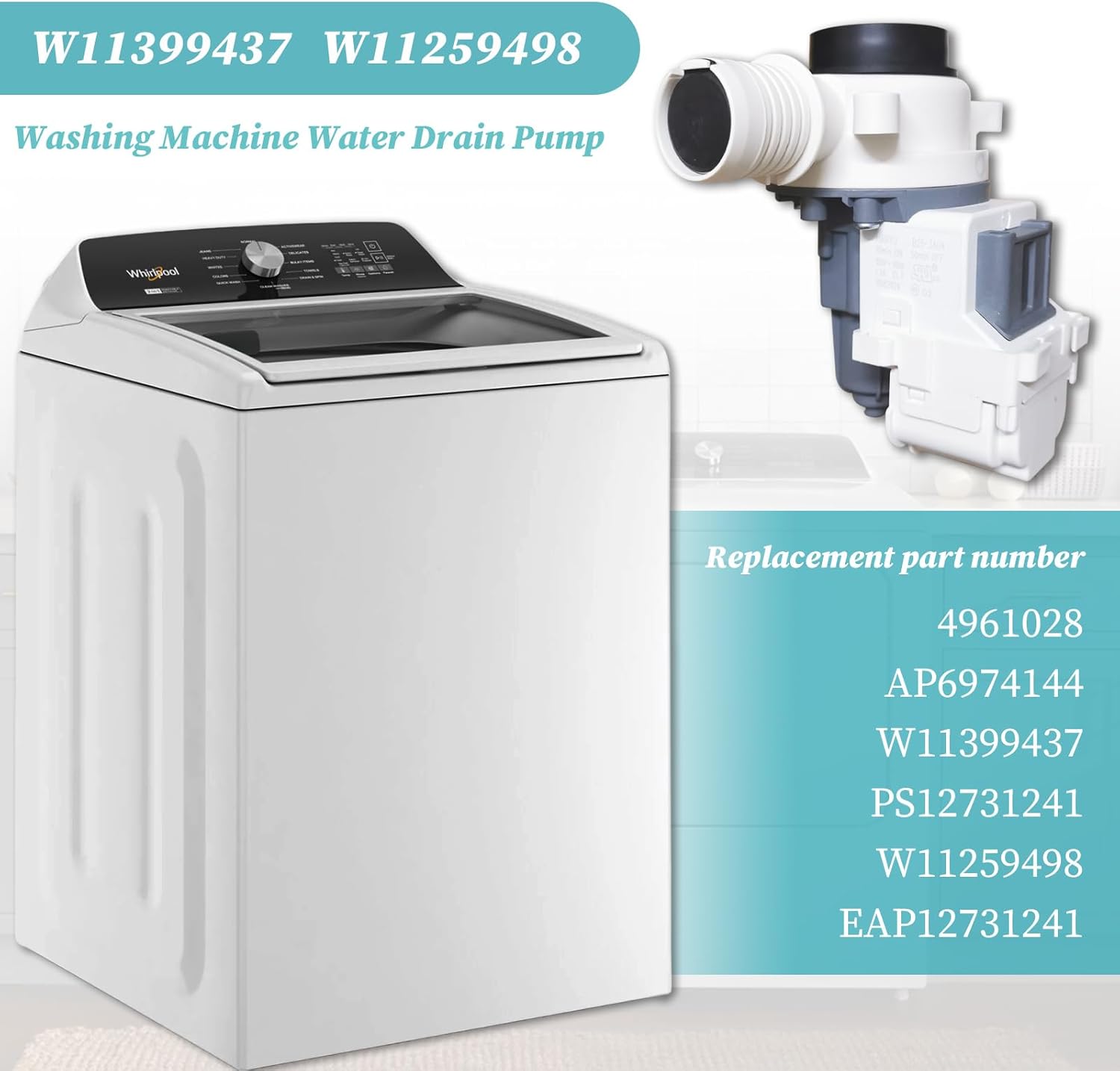 W11399437 W11259498 Washing Machine Water Drain Pump Compatible with Maytag Whirlpool Kenmore Crosley Washer Replace W11399437 W11259498 4961028 AP6974144 PS12731241 EAP12731241