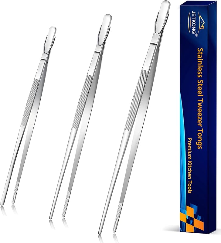 JETKONG Pinzas de cocina extralargas de 9, 12 y 14 pulgadas, pinzas de cocina de acero inoxidable resistentes, juego de 3 (puntas puntiagudas, plateadas)
