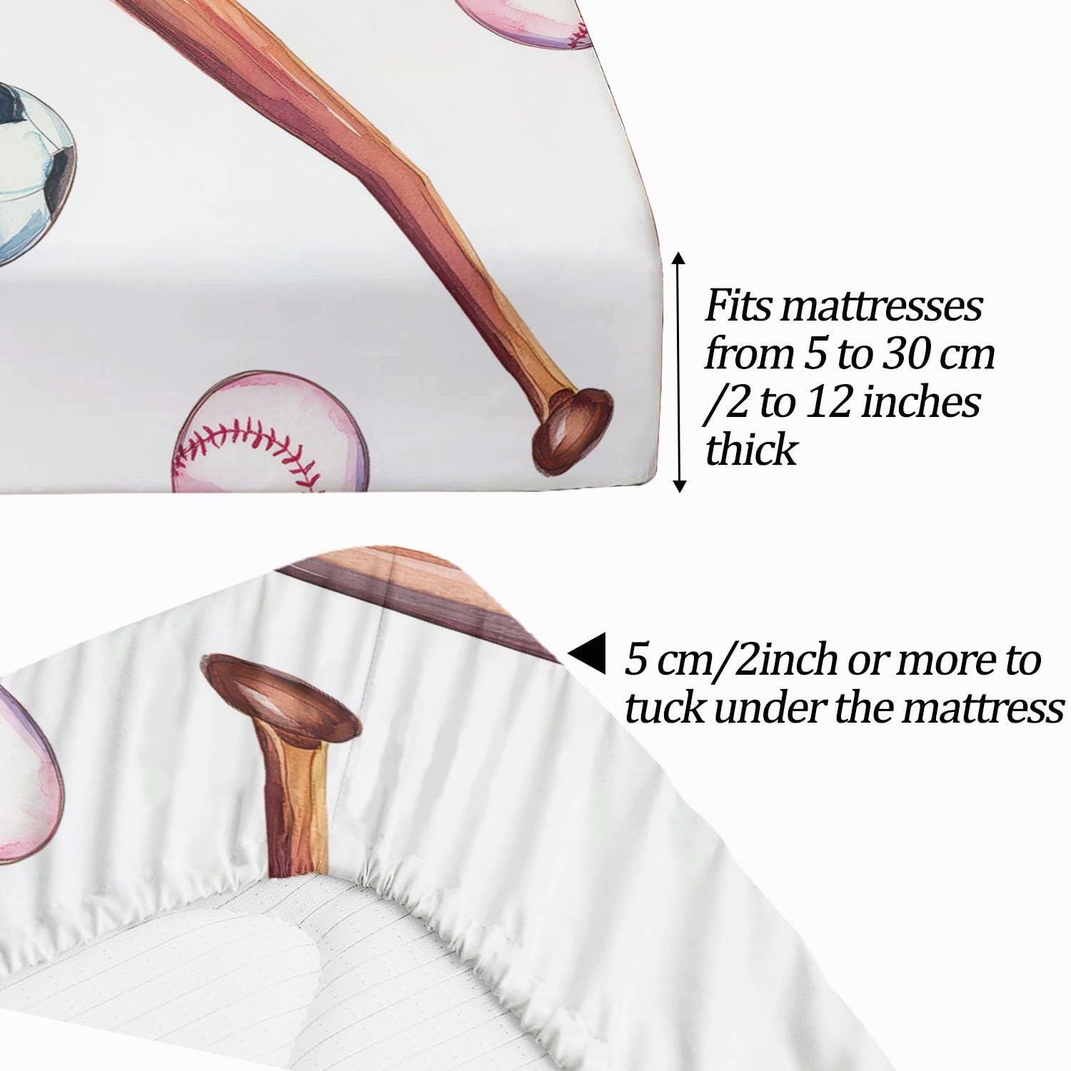 135 x 190 cm drukowane prześcieradło z gumką, modele sprzętu sportowego Baseball piłka nożna 100% miękka mikrofibra, z głęboką kieszenią 30 cm i oddychającą elastycznością, nowoczesna pościel, biała