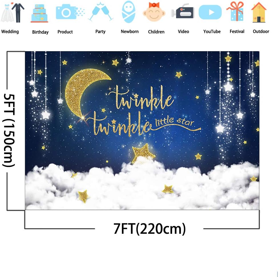 Avezano Twinkle Twinkle Little Star Photography Backdrop Golden Moon Glitter Star Baby Shower Birthday Background 7x5ft Vinyl Galaxy Space Newborn Baby Photo Backdrop Photo Booth Props