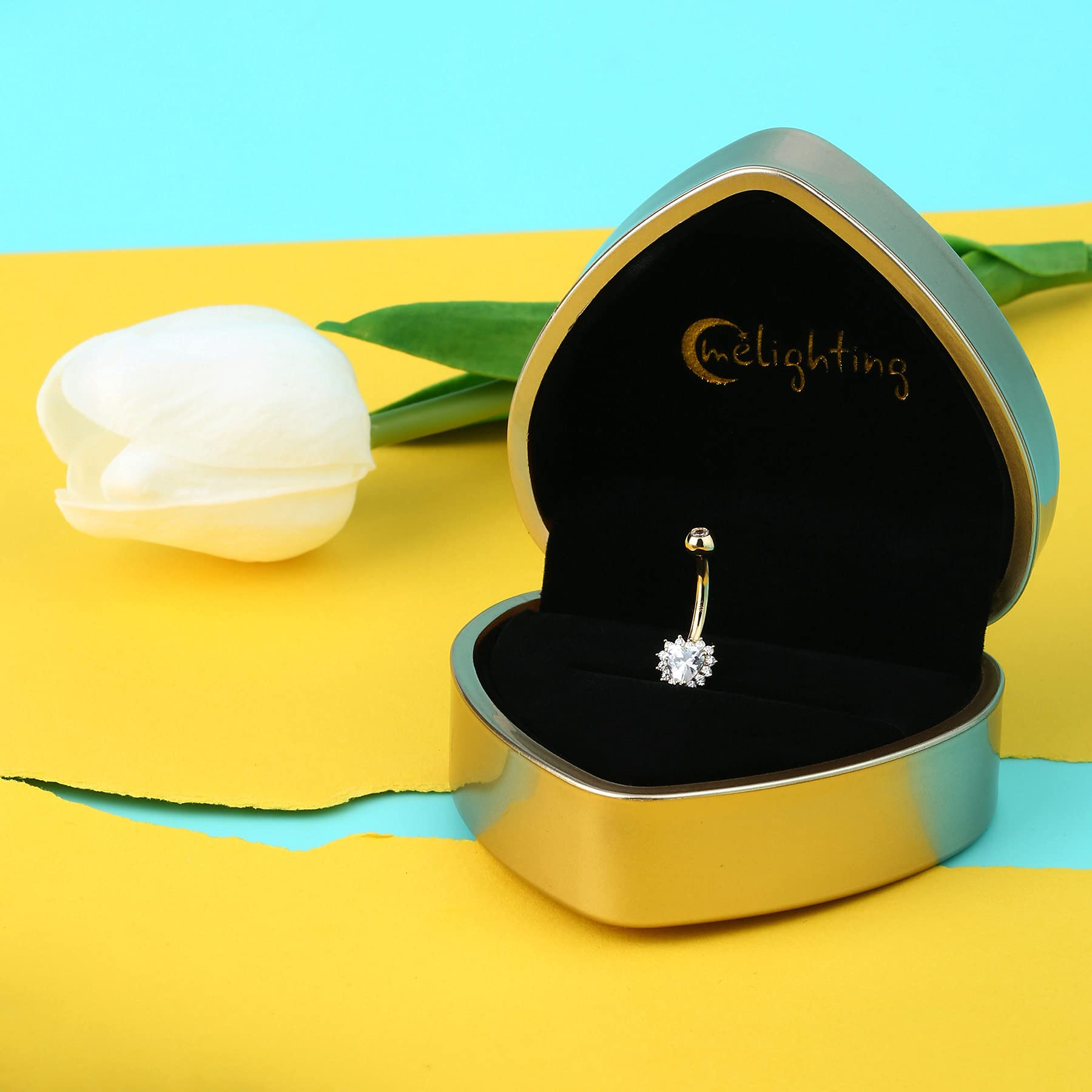 Melighting 16G Anillo en el ombligo, Oro amarillo de 14 quilates Piercings Vientre, Navel Bars, Belly Piercing Bar, Piercings en el Ombligo