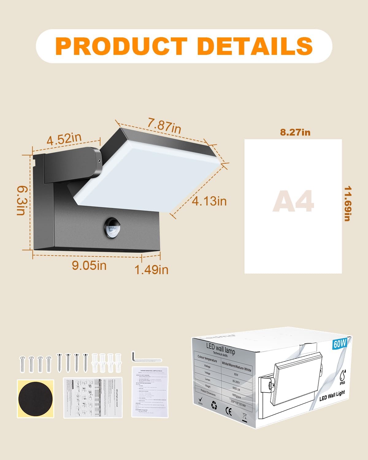 Package contents including the LED wall light, mounting hardware, and manual.