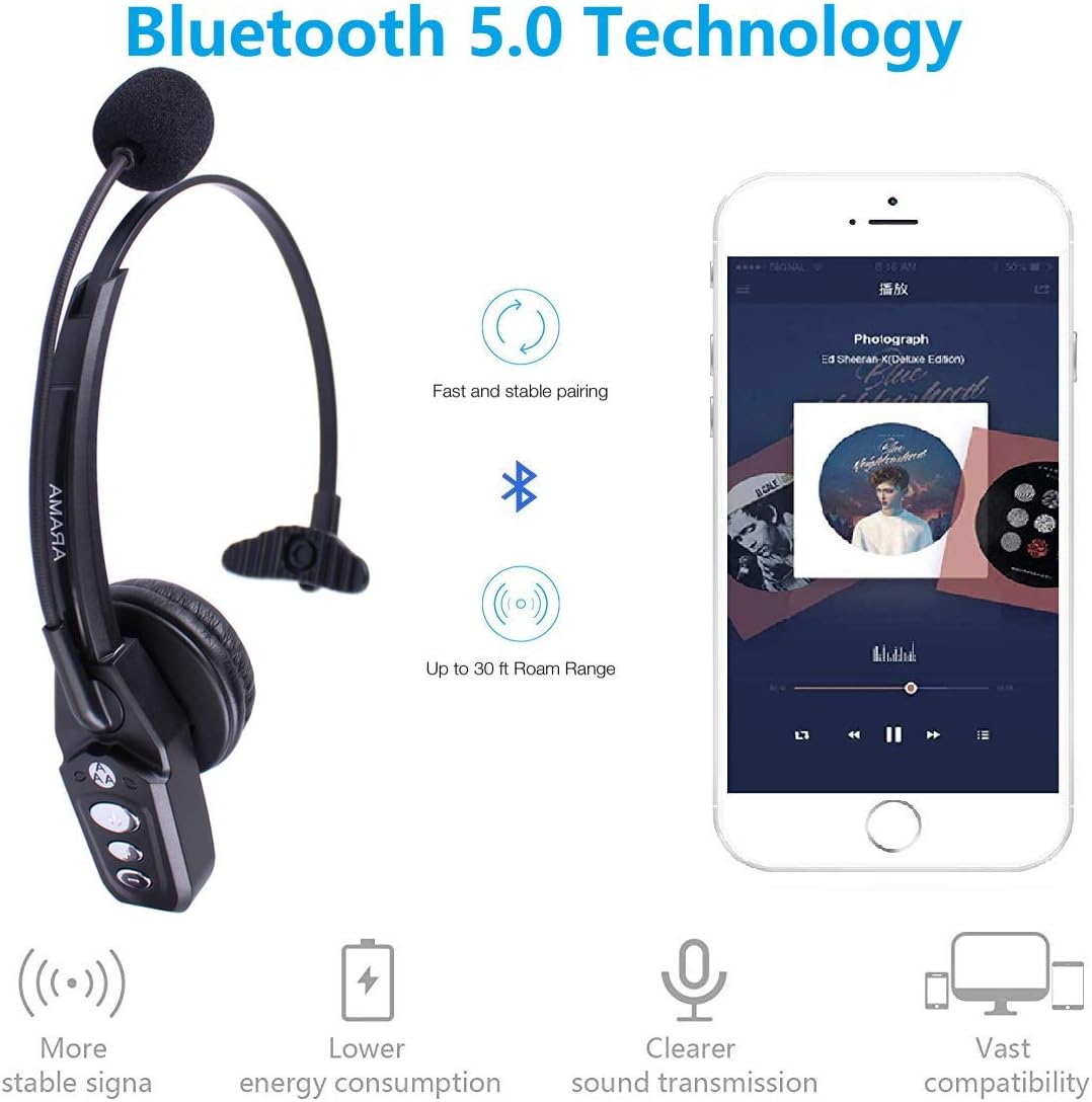 Arama Bluetooth Headset V5.0, Pro Wireless Headset with Noise Canceling Mic for Cell Phone Trucker Engineers Business Home Office
