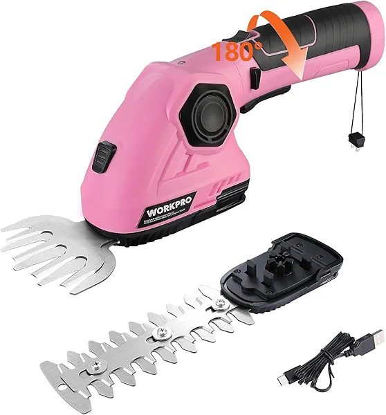 WORKPRO Pink Cordless Grass Shear & Shrubbery Trimmer - 2 in 1 Handheld Hedge Trimmer 7.2V Electric Grass Trimmer Hedge Shears/Grass Cutter 2.0Ah Rechargeable Lithium-Ion Battery - Pink Ribb
