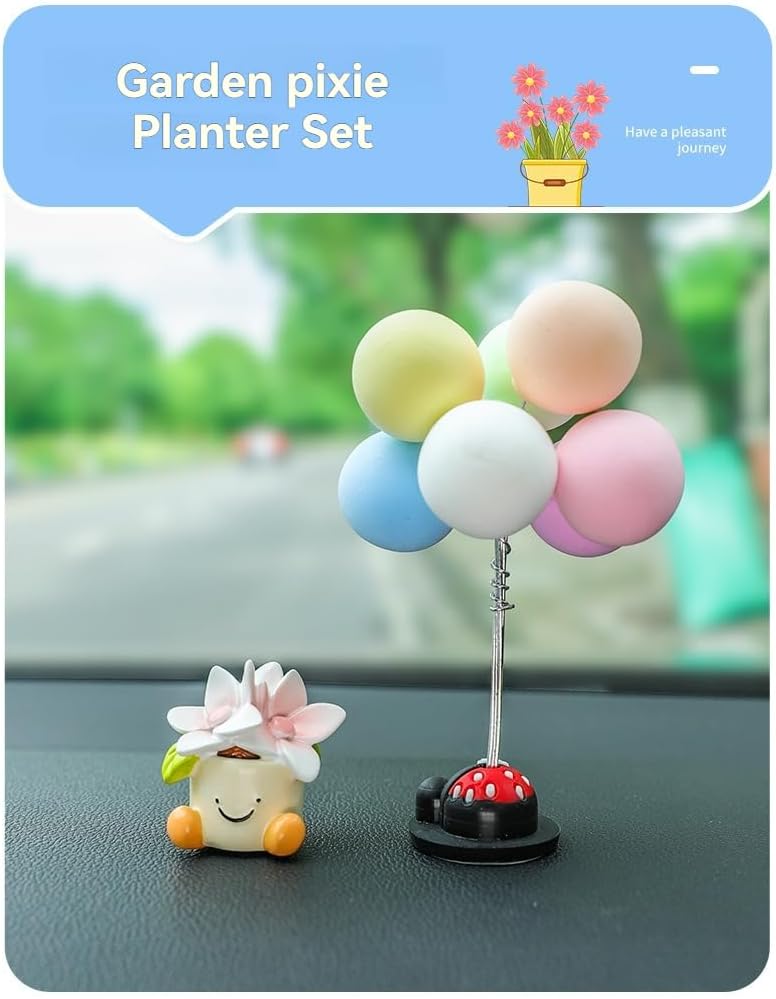 Cute Car Planter Figurines – Handcrafted Resin & Floral Design – Adorable & Elegant Style – Car Dashboard & Office Decor – Premium Car Accessories (Freesia + Balloon)