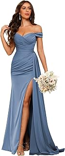 Women's Off Shoulder Ruched Bridesmaid Dresses Long with Slit Satin Formal Prom Dress VS018 - Buy now