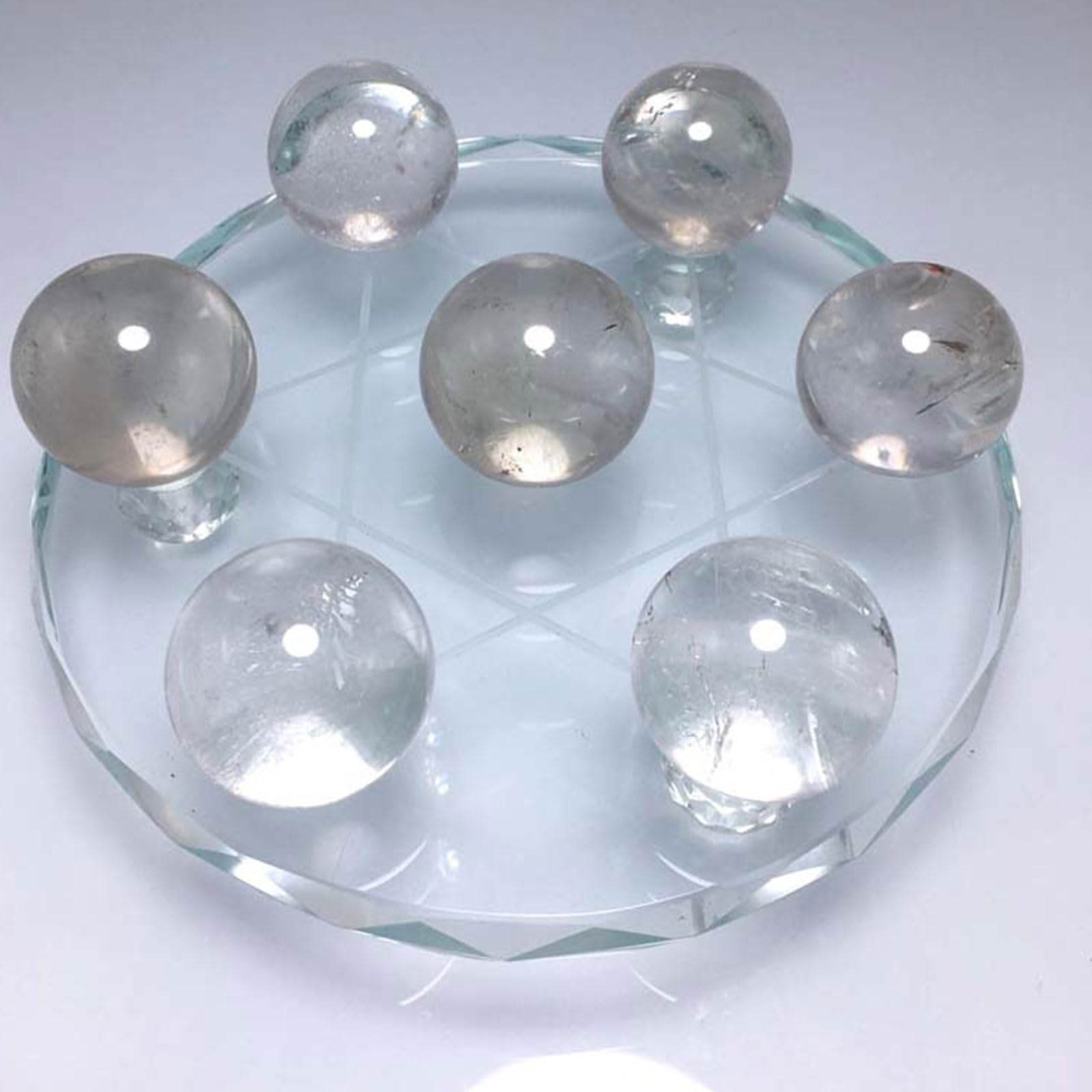 Juego de 7 esferas de Cuarzo Transparente con Soporte de Cristal | 7 esferas de cuarzo transparente natural/soporte de cristal de siete estrellas/maestro sanador/equilibrio de chakras
