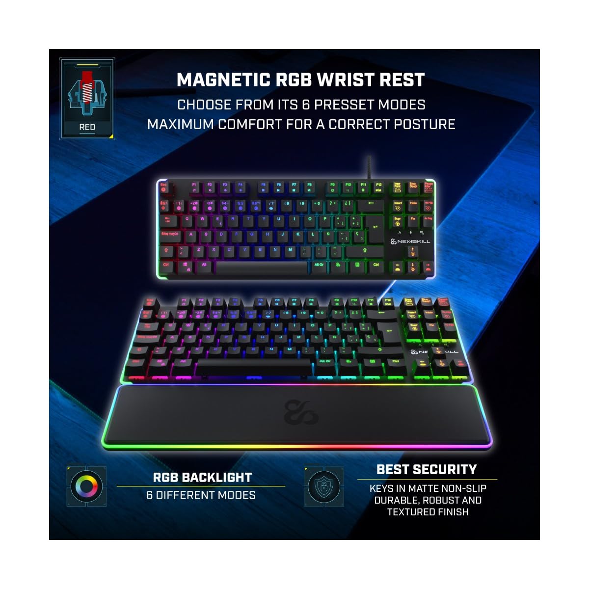 NEWSKILL Gungnyr TKL Pro Teclado Gaming optomecánico RGB tenkeyless Gateron Red hotswap Negro