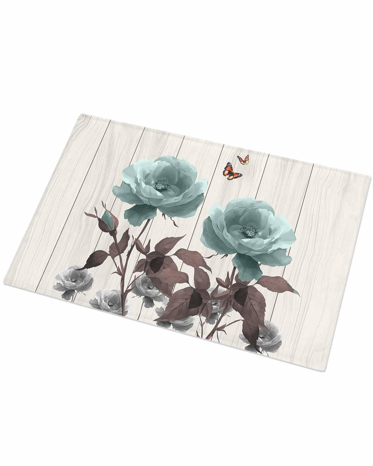Indoor Doormat Rustic Teal Brown Grey Flowers,Shaggy Floor Mat with Non-Skid Backing Watercolor Butterfly on Wood,Machine Washable Plush Area Rug Carpets for Kitchen Nursery Bedroom