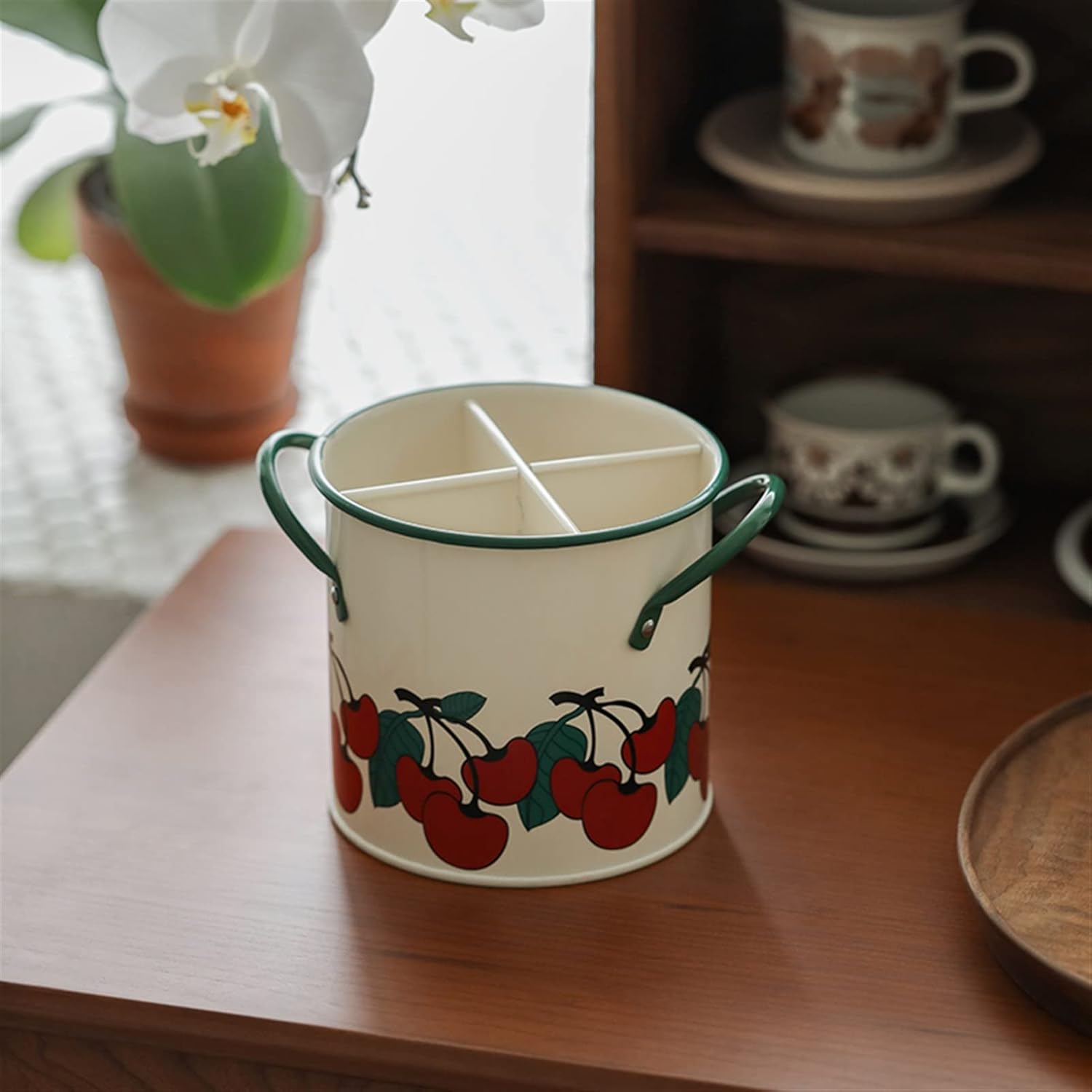 Cutlery Holder Vintage Cherries Spoon Rests Pot Clips Kitchen Utensil Storage Boxs for Pot Chopsticks Holder with 4 Grids Metal Buckets Bins Utensil Holder/Spatula Holder