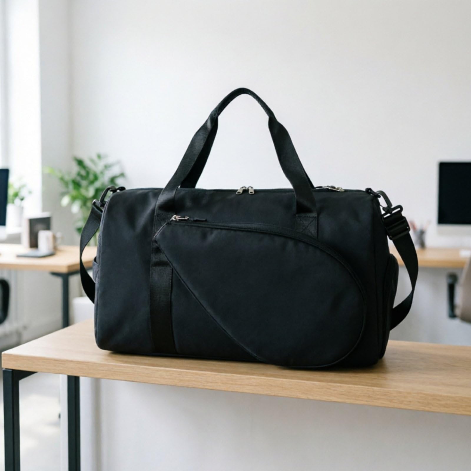 Funda para Equipo Deportivo Bolsa Deportiva Bolso de Gimnasio Bolso de Viaje Mochila de Ráqueta con Bolsillo para Calzado Ventilado y Asa de Mano, Array, Negro