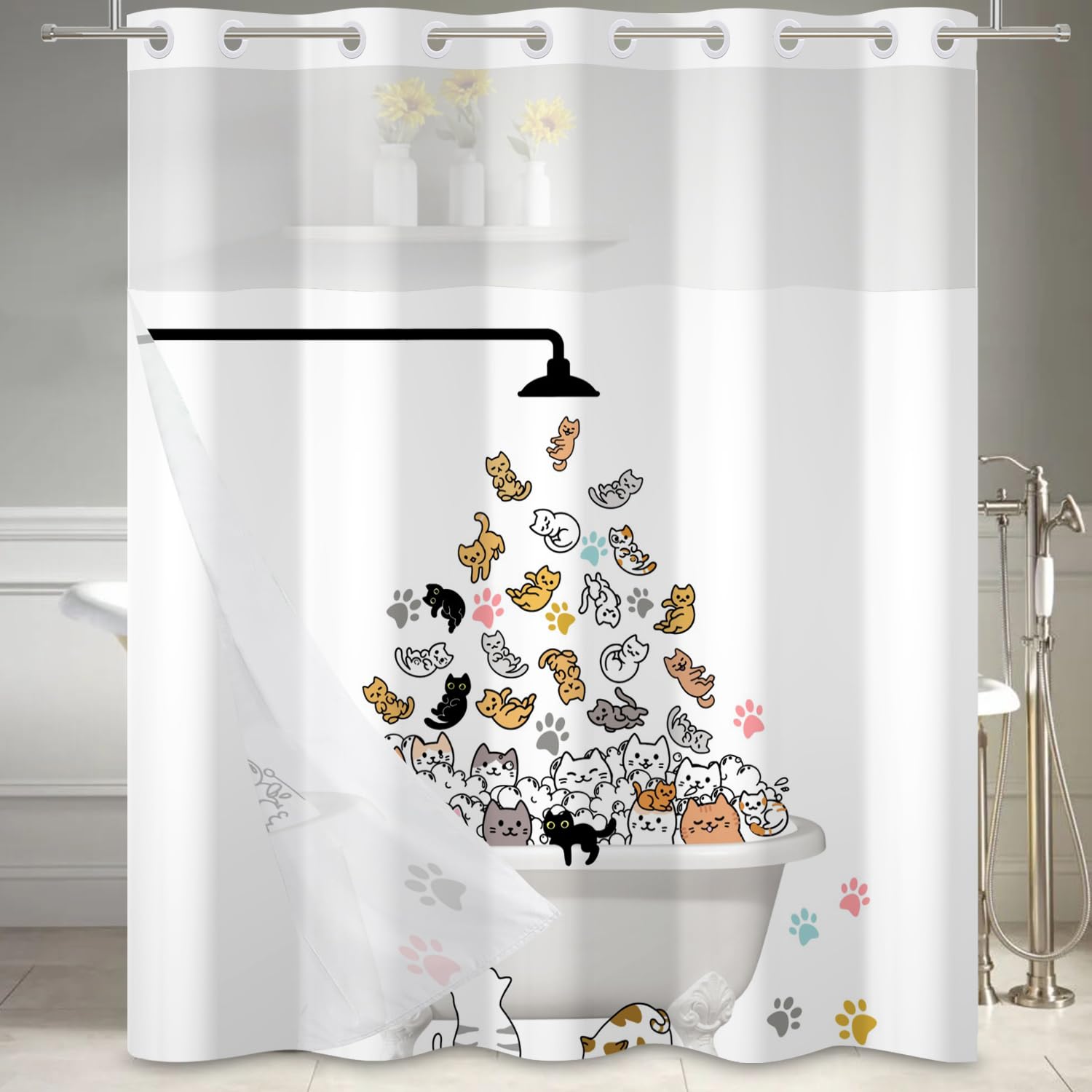 Ttincceer No Hook Cat Shower Curtain with Snap in Liner Set - Image 4