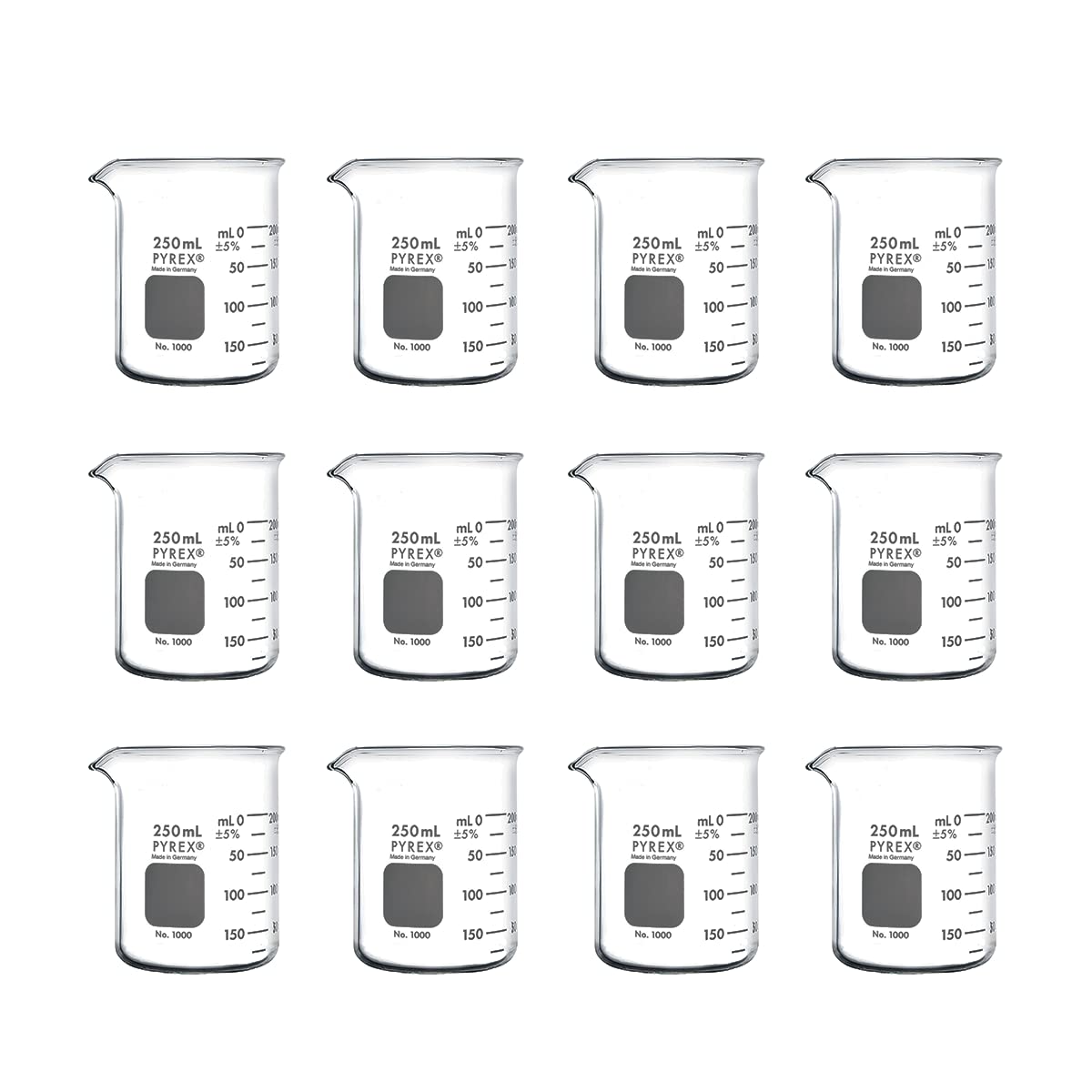 PYREX Griffin Borosilicate Glass Beaker- Low Form Graduated Measuring Beaker with Spout– Premium Scientific Glassware for Laboratories, Classrooms or Home Use - PYREX Chemistry Glassware, 250mL, 12/Pk