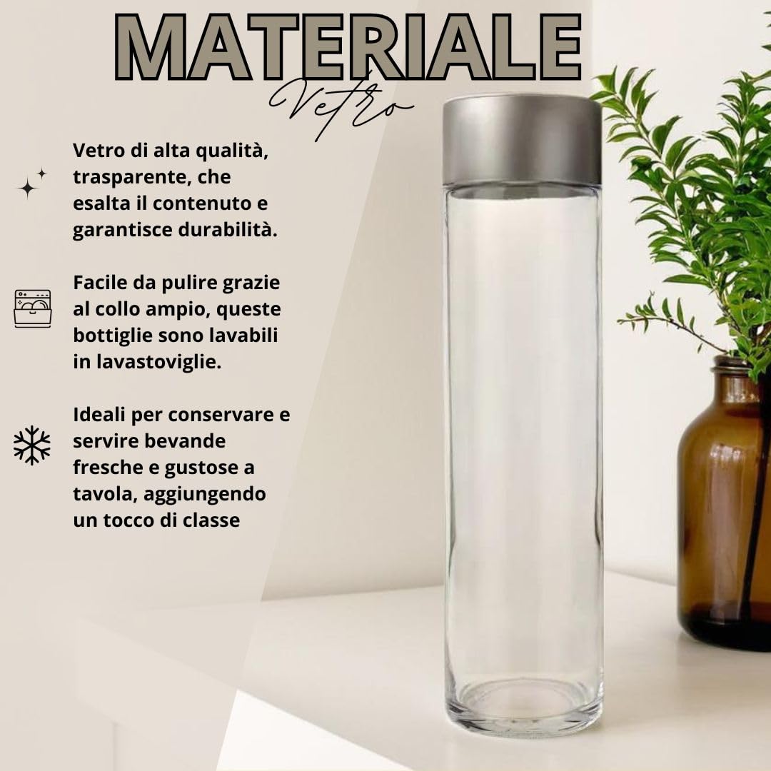Lot de 6 bouteilles en verre modèle cylindre, 1 litre, bouchon à vis couleur argent | bouteille verre eau boissons jus