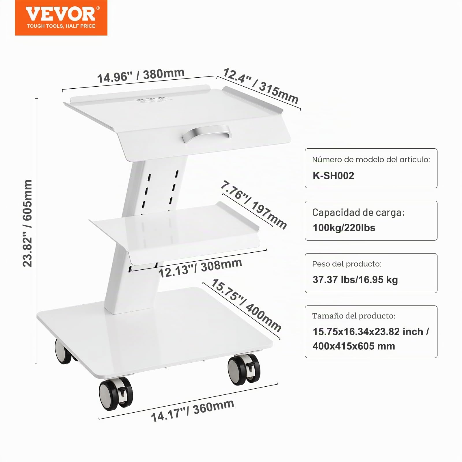 VEVOR Carro de laboratorio de acero carro médico de 3 capas carro de servicio de gran carga de 100 kg con ruedas giratorias almacenamiento para laboratorio, sala de estar, hospital, uso dental