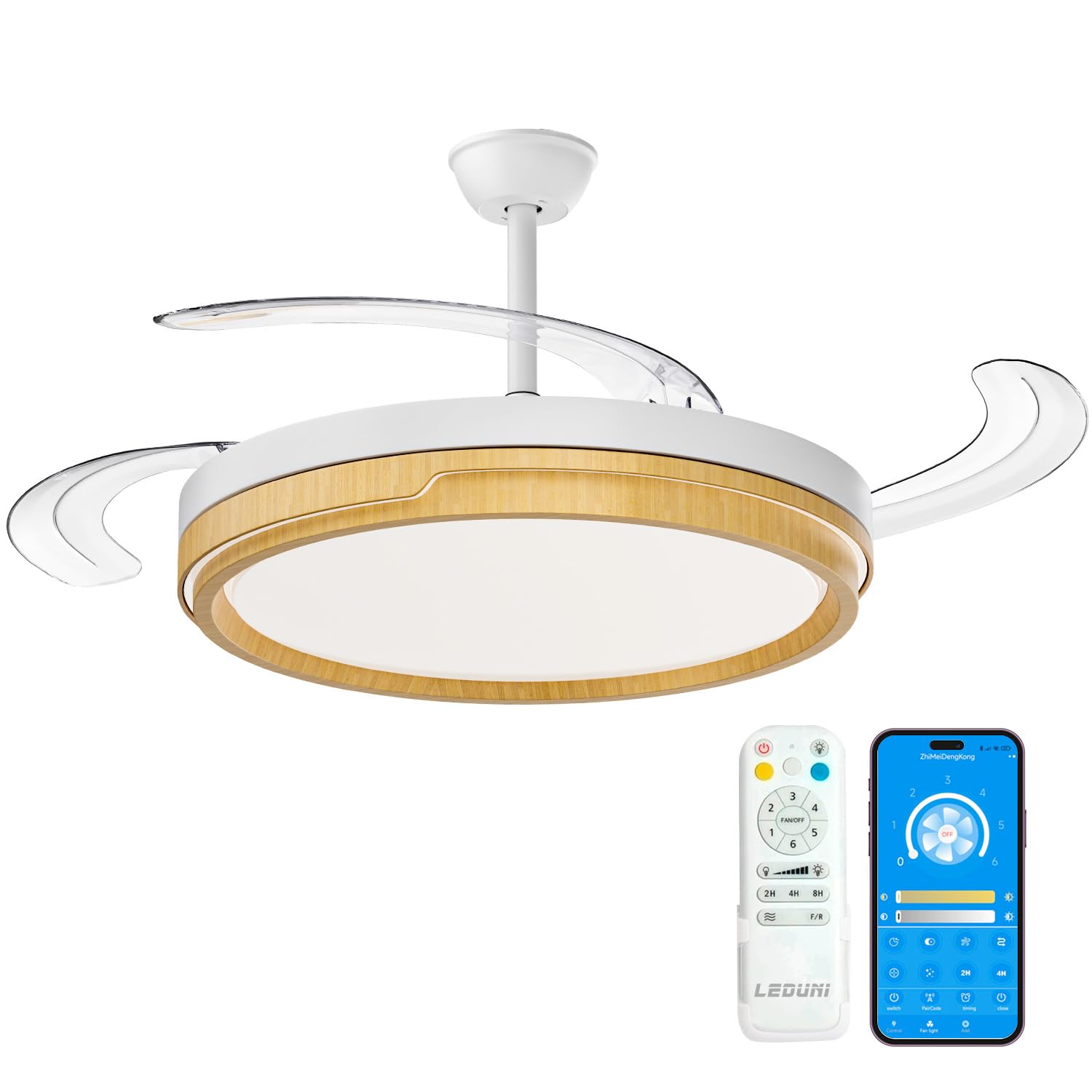 LEDUNI ® Ceiling Fan with Light 66W+30W DC Motor, Silent with Remote Control and Retractable Blades Interior, Ceiling Light Function Summer-Winter + APP Control (Snow Wood)