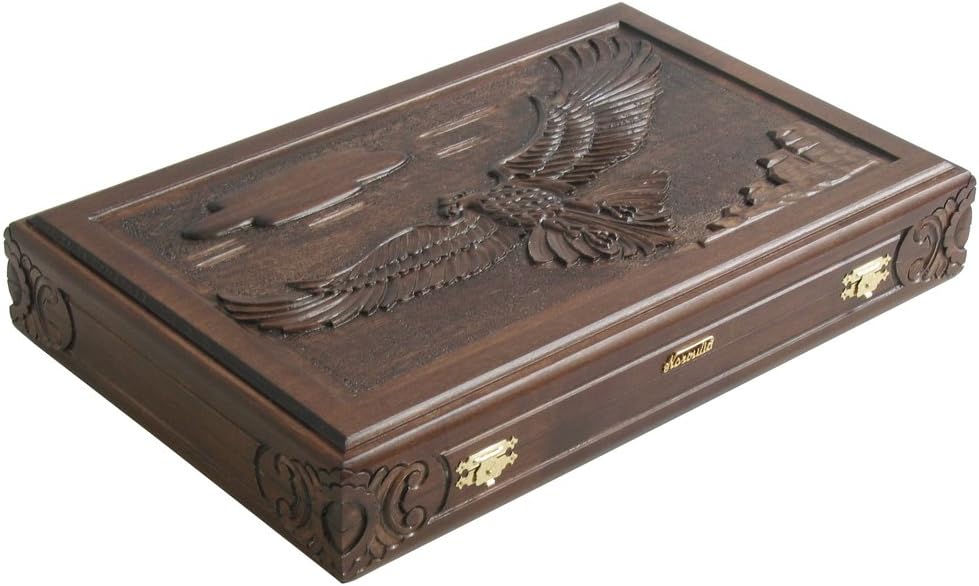 Maple Backgammon Set with Racks - (Hand-Carved Eagle Cover) - Large 19" Wood Case