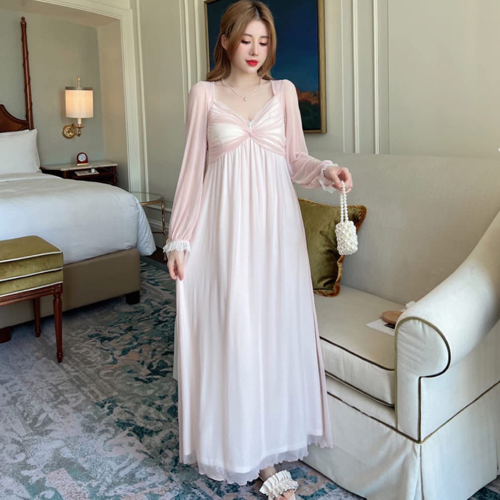 Frauen Mädchen Langarm Spitze Schlafkleid Prinzessin Stil Gaze Nachthemd Nachtkleid